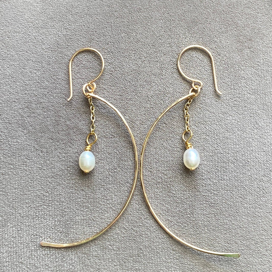 Hammered Crescent Pearl Earrings