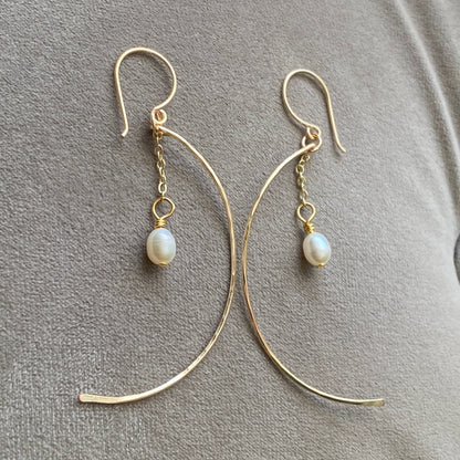Hammered Crescent Pearl Earrings